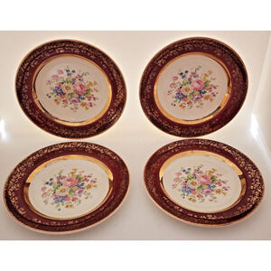 PLATES-BREAD-BUTTER-CENTURY BY SALEM-23K Gold Encrusted-Burgundy-Floral-Set of 4
